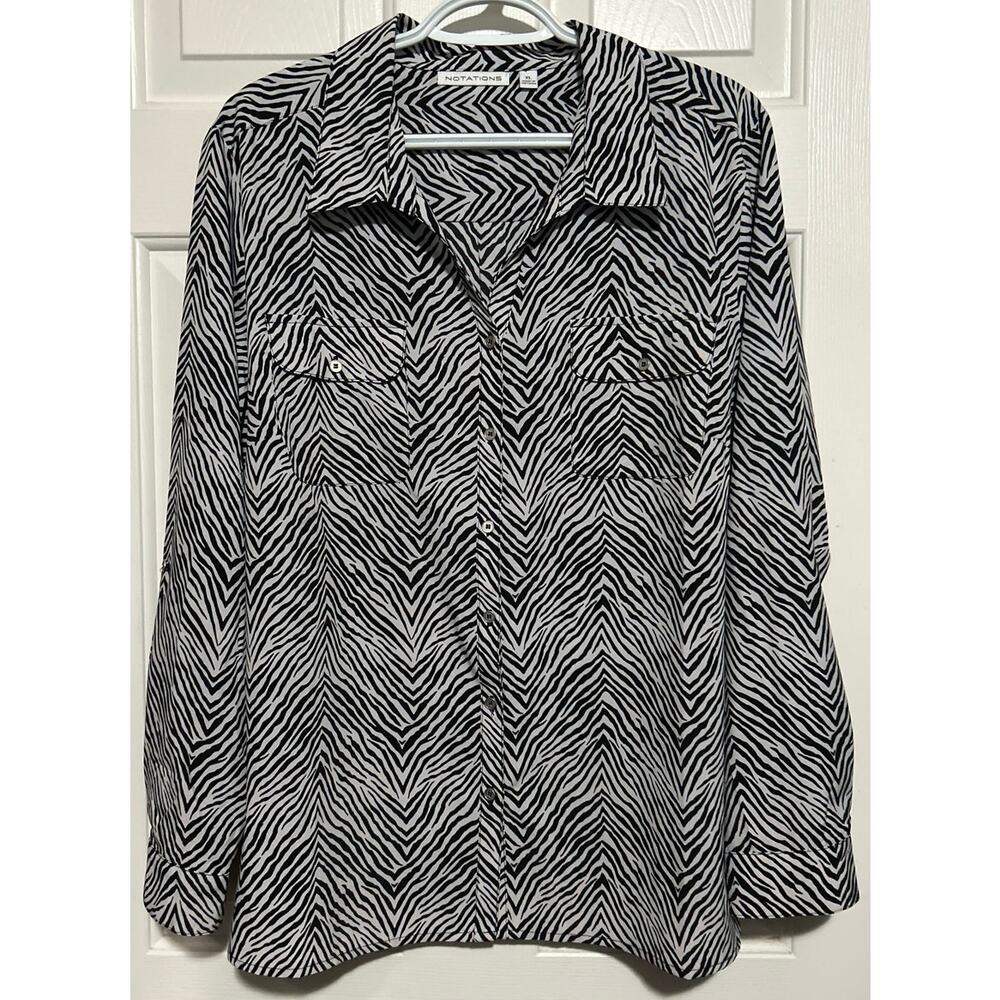 Notations‎ Women's Black White Animal Print Long Sleeve Button Up Blouse Size XL